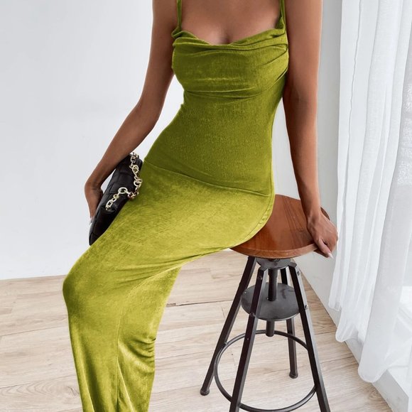 green tie backless maxi dress chic elegant sexy trending - Picture 3 of 9